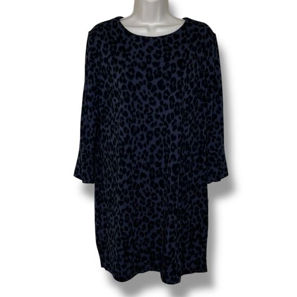 Old Navy Leopard Flutter Sleeve Blue Black Round Neck Back Zip Dress Women Large - Picture 1 of 11